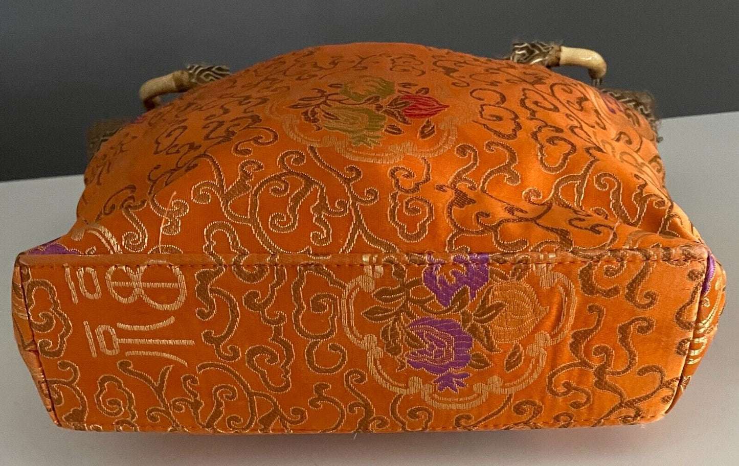 Tote Bag Chinese Oriental Orange Gold Purple Green Red Bamboo Cane Handles nNEW