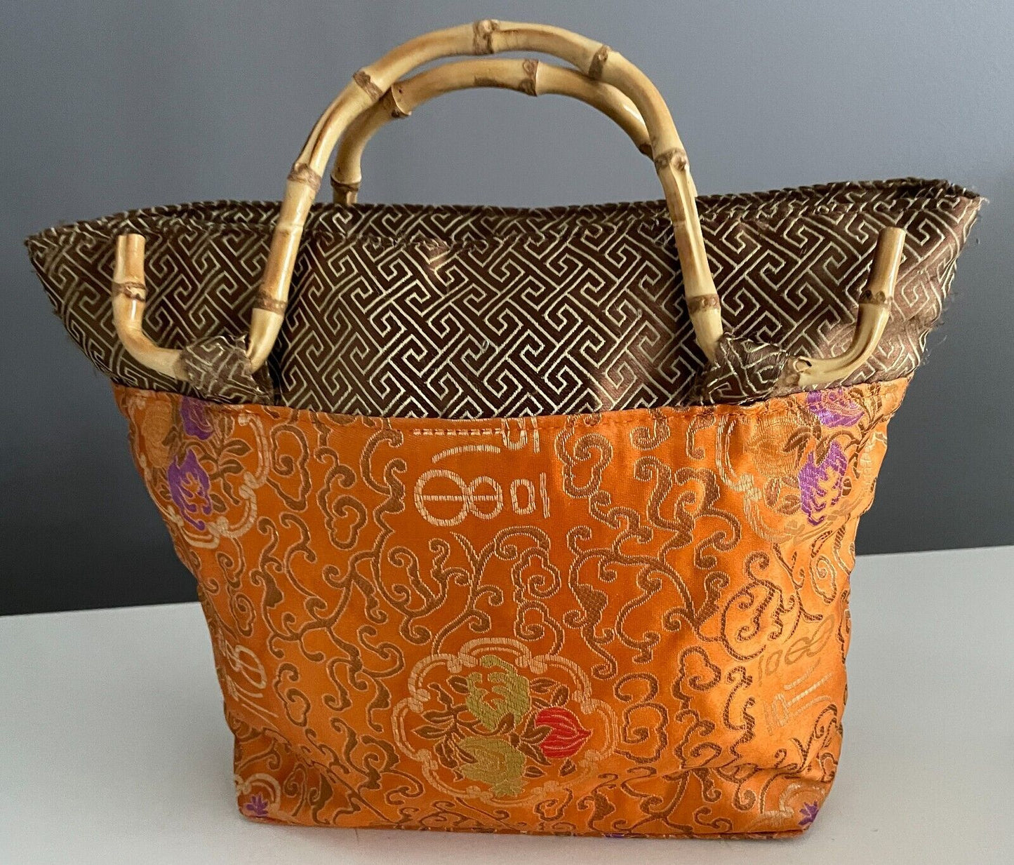 Tote Bag Chinese Oriental Orange Gold Purple Green Red Bamboo Cane Handles nNEW