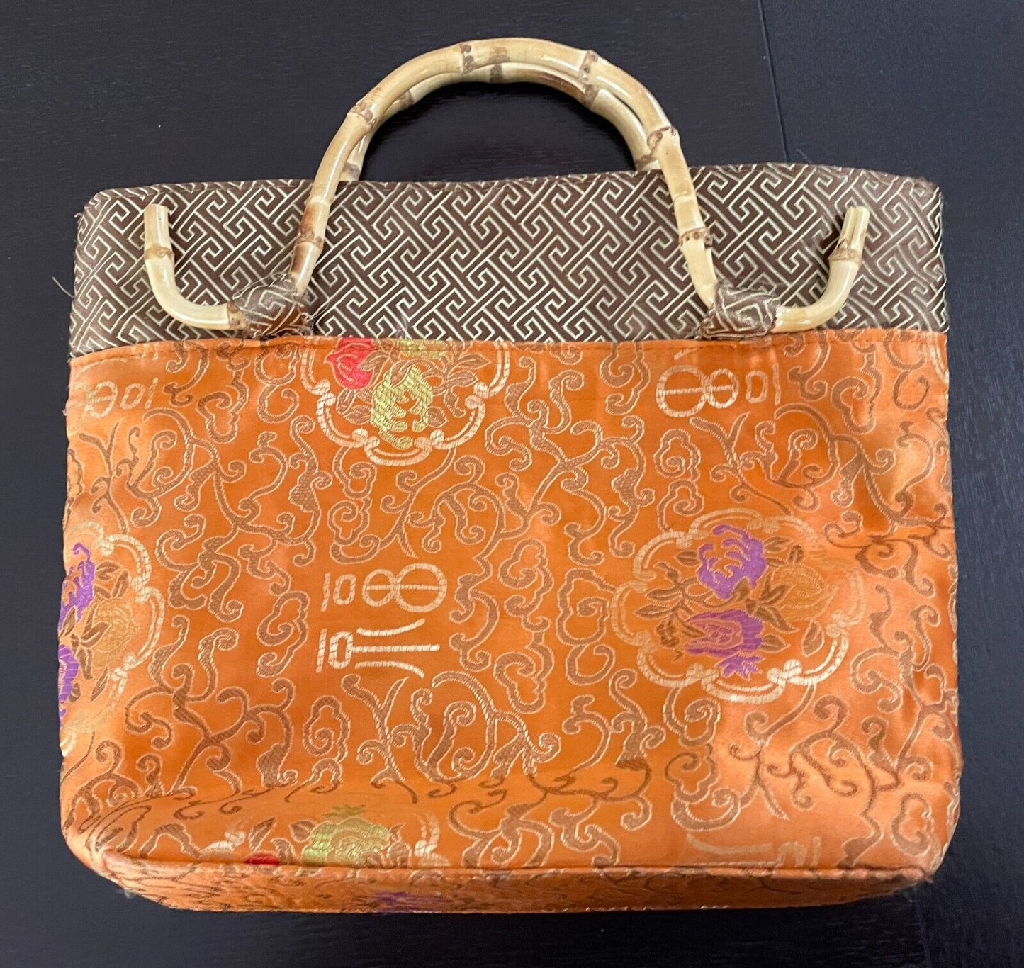 Tote Bag Chinese Oriental Orange Gold Purple Green Red Bamboo Cane Handles nNEW