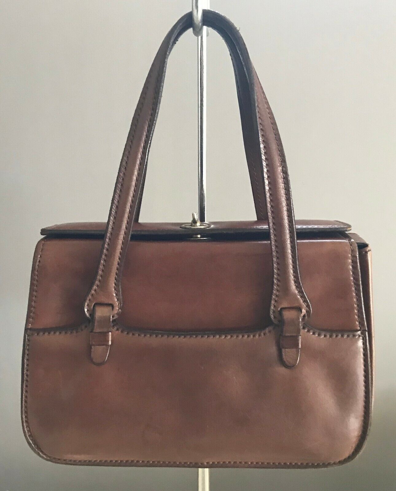 ITALIAN LEATHER BAG Brown Handbag Metal Latch Lock Tote Bag Medium Italy Vintage