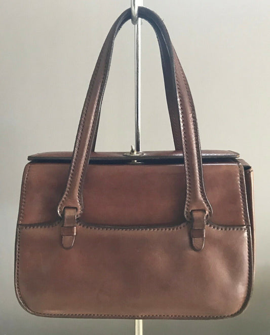 ITALIAN LEATHER BAG Brown Handbag Metal Latch Lock Tote Bag Medium Italy Vintage