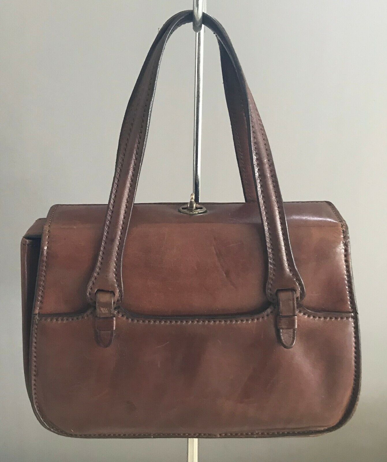 ITALIAN LEATHER BAG Brown Handbag Metal Latch Lock Tote Bag Medium Italy Vintage