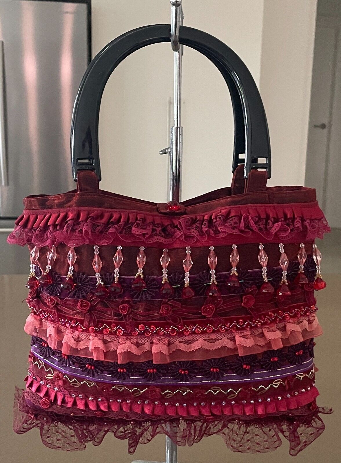 Tote Bag Burgundy Red Purple Lace Satin Bead Ribbon Acrylic Handles Shopper NEW