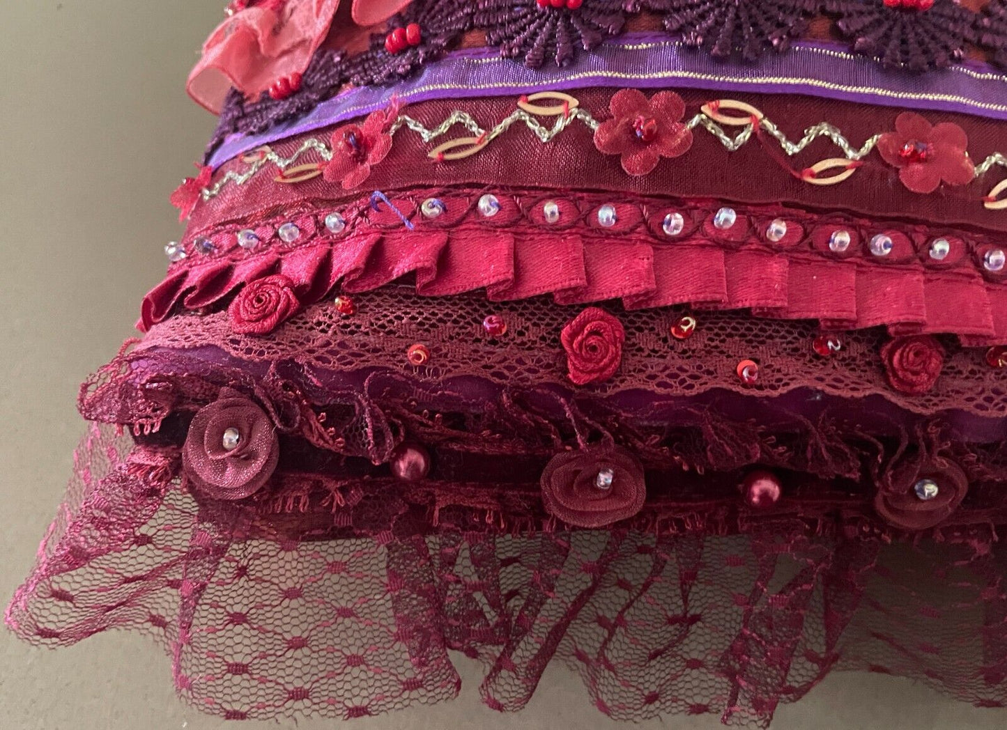 Tote Bag Burgundy Red Purple Lace Satin Bead Ribbon Acrylic Handles Shopper NEW