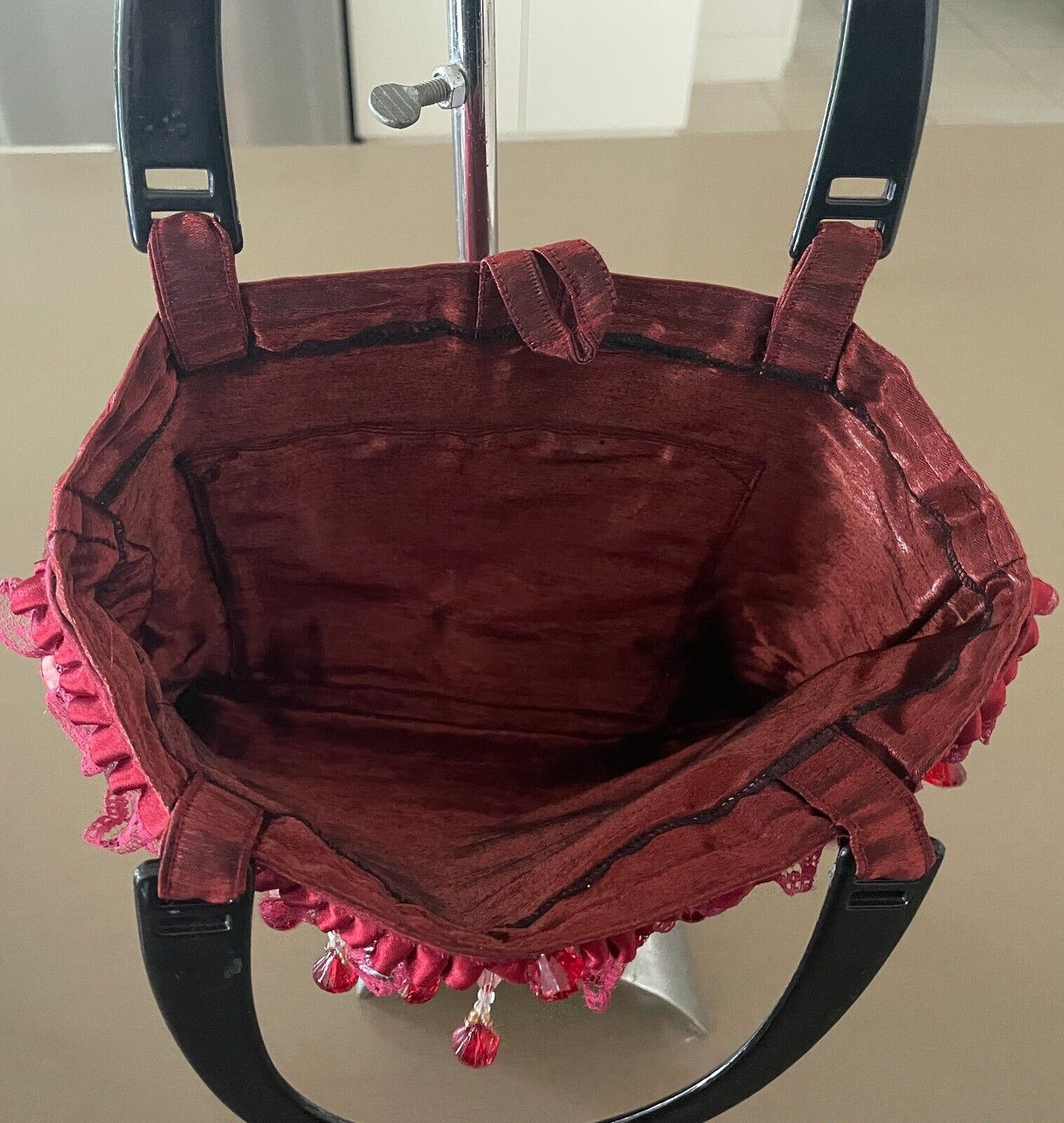 Tote Bag Burgundy Red Purple Lace Satin Bead Ribbon Acrylic Handles Shopper NEW