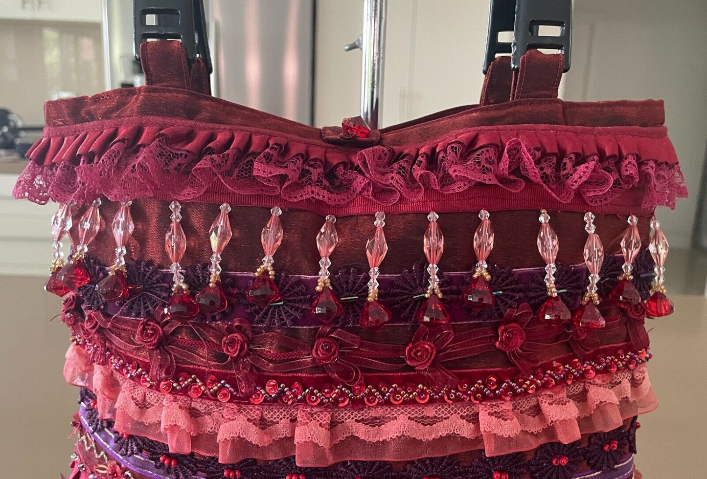 Tote Bag Burgundy Red Purple Lace Satin Bead Ribbon Acrylic Handles Shopper NEW