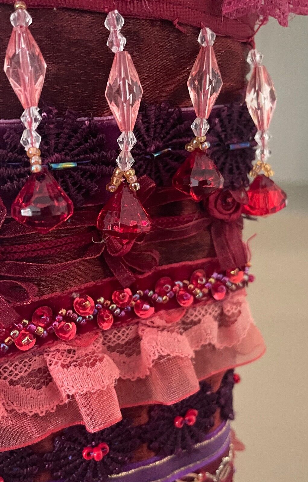 Tote Bag Burgundy Red Purple Lace Satin Bead Ribbon Acrylic Handles Shopper NEW
