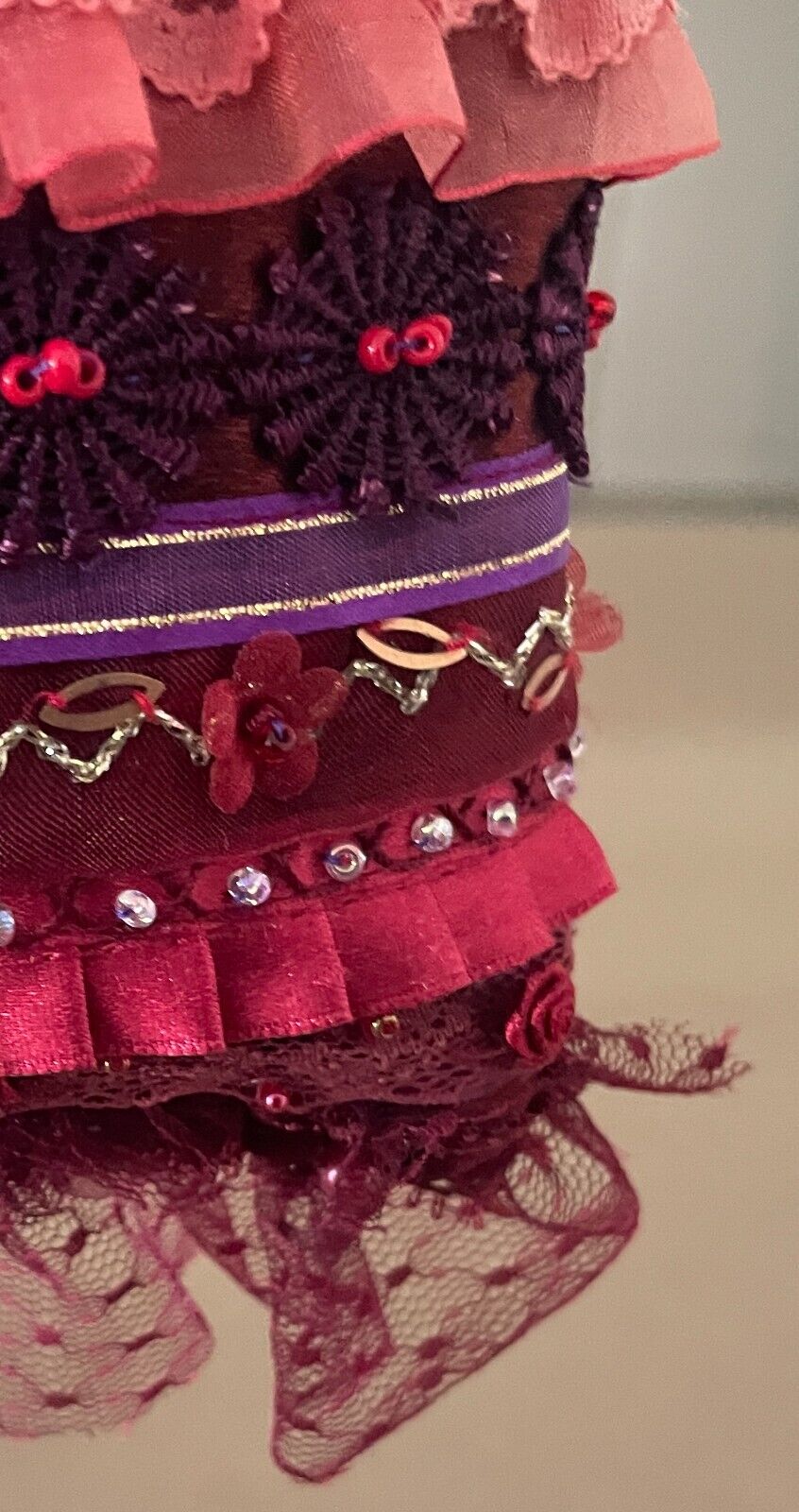 Tote Bag Burgundy Red Purple Lace Satin Bead Ribbon Acrylic Handles Shopper NEW