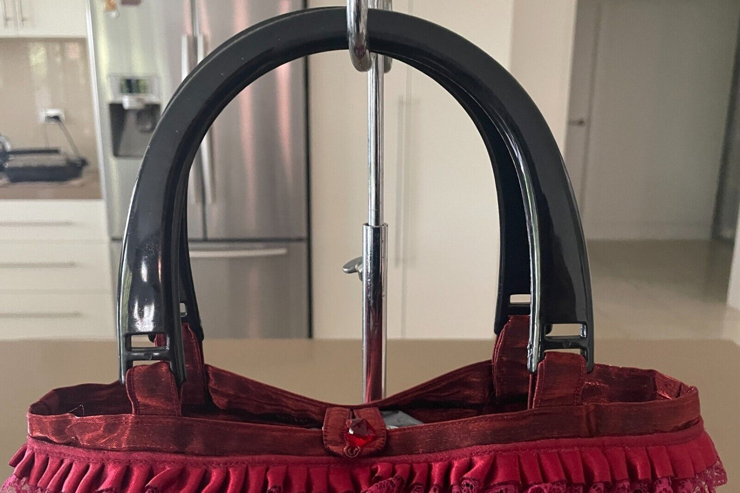 Tote Bag Burgundy Red Purple Lace Satin Bead Ribbon Acrylic Handles Shopper NEW