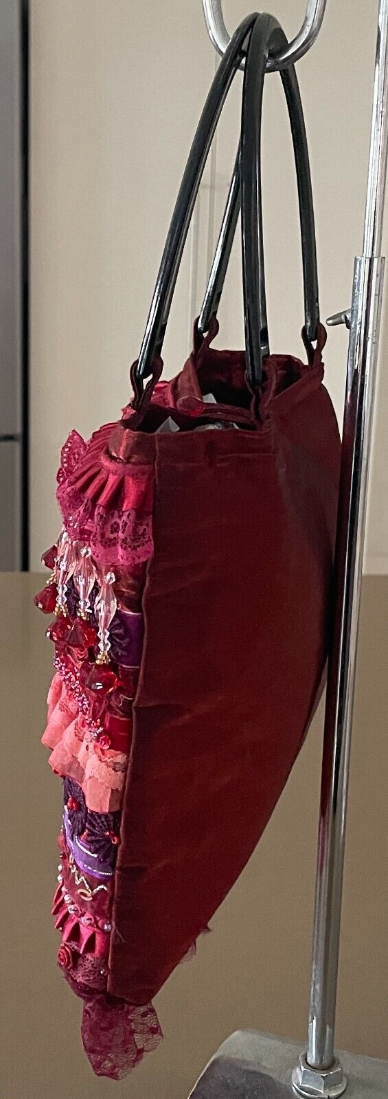 Tote Bag Burgundy Red Purple Lace Satin Bead Ribbon Acrylic Handles Shopper NEW