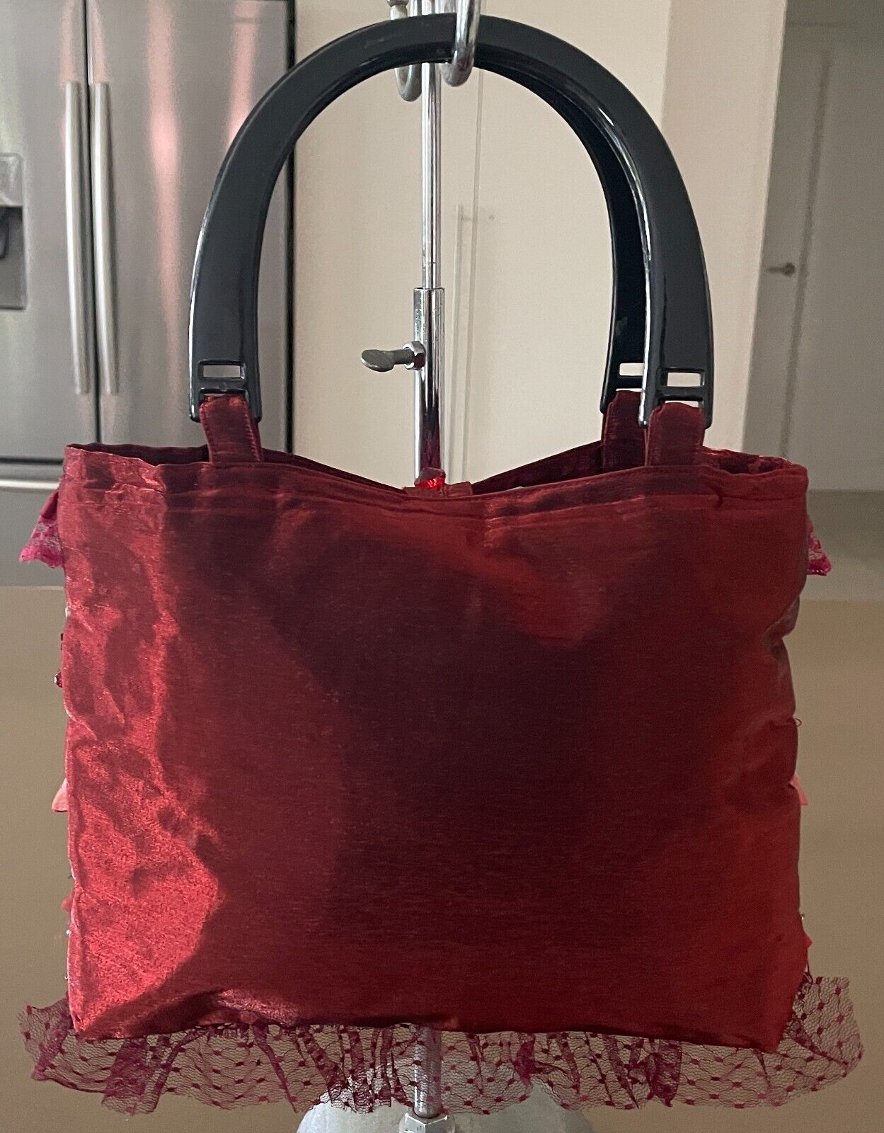 Tote Bag Burgundy Red Purple Lace Satin Bead Ribbon Acrylic Handles Shopper NEW