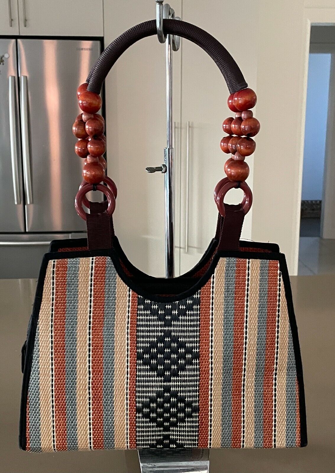 Tote Bag Tribal SHOULDER BAG Handbag Colourful Rattan Woven Zip Top Bead Handles