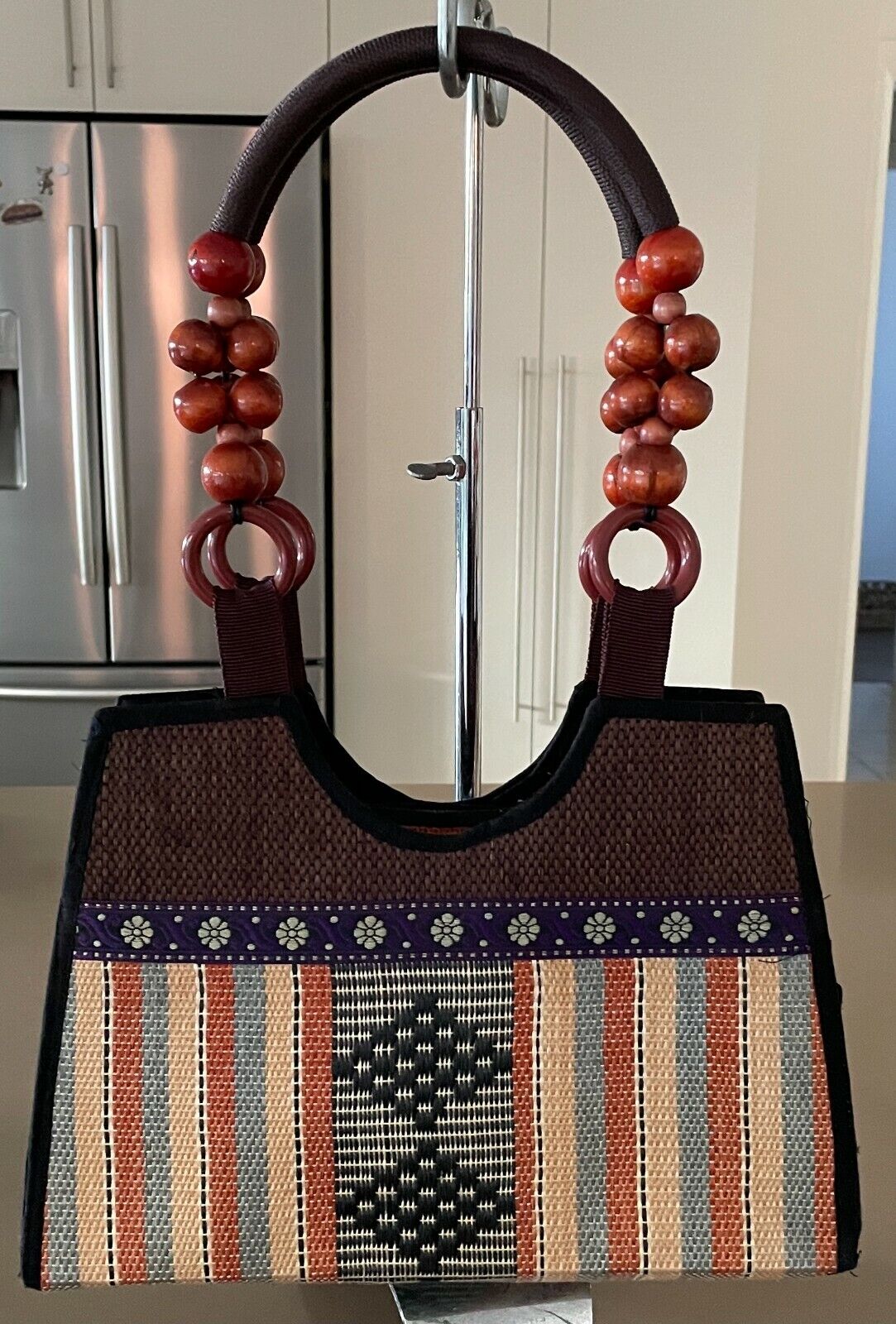 Tote Bag Tribal SHOULDER BAG Handbag Colourful Rattan Woven Zip Top Bead Handles
