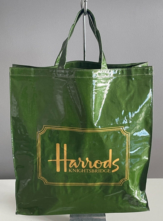 Vtg HARRODS Shopper Bag Tote 1980’s Knightsbridge Khaki PVC on Cotton 38x 42.5cm