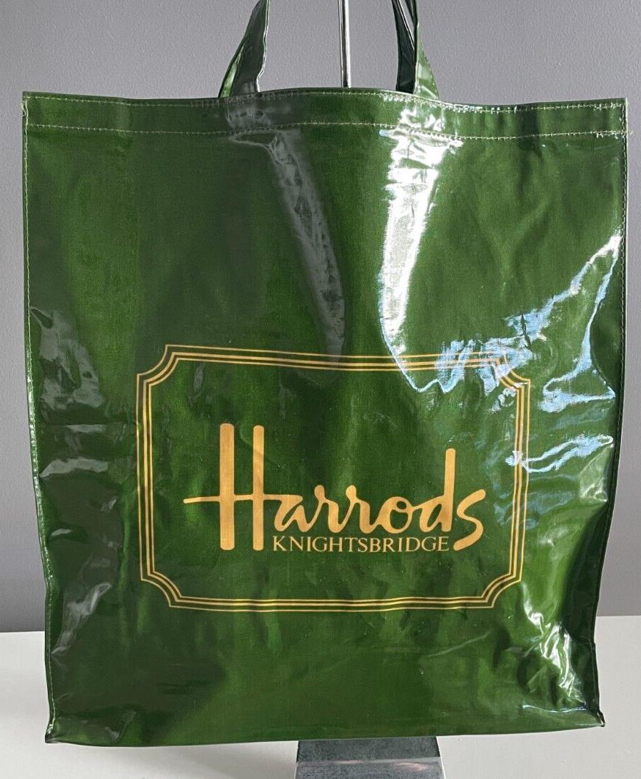 Vtg HARRODS Shopper Bag Tote 1980’s Knightsbridge Khaki PVC on Cotton 38x 42.5cm