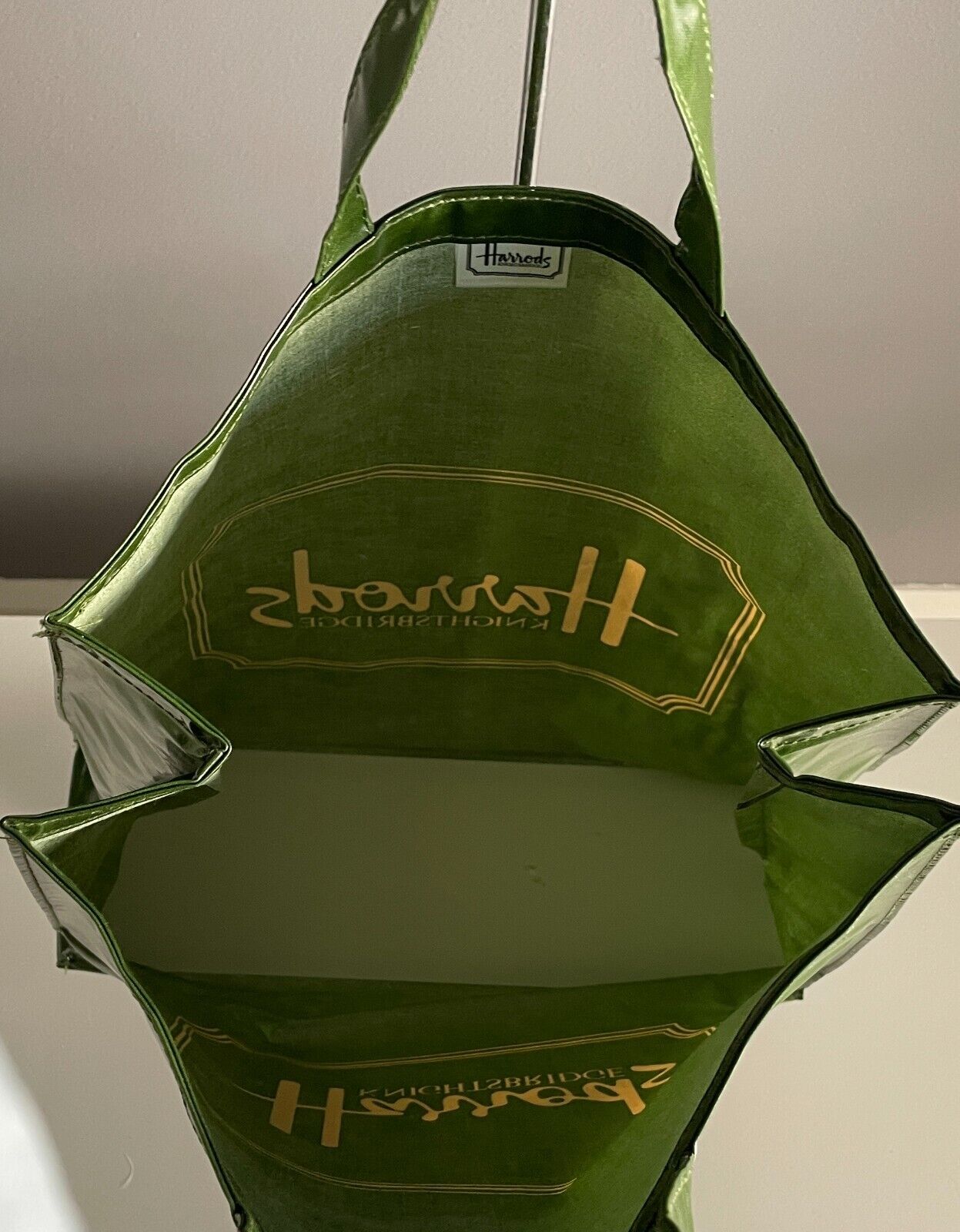 Vtg HARRODS Shopper Bag Tote 1980’s Knightsbridge Khaki PVC on Cotton 38x 42.5cm