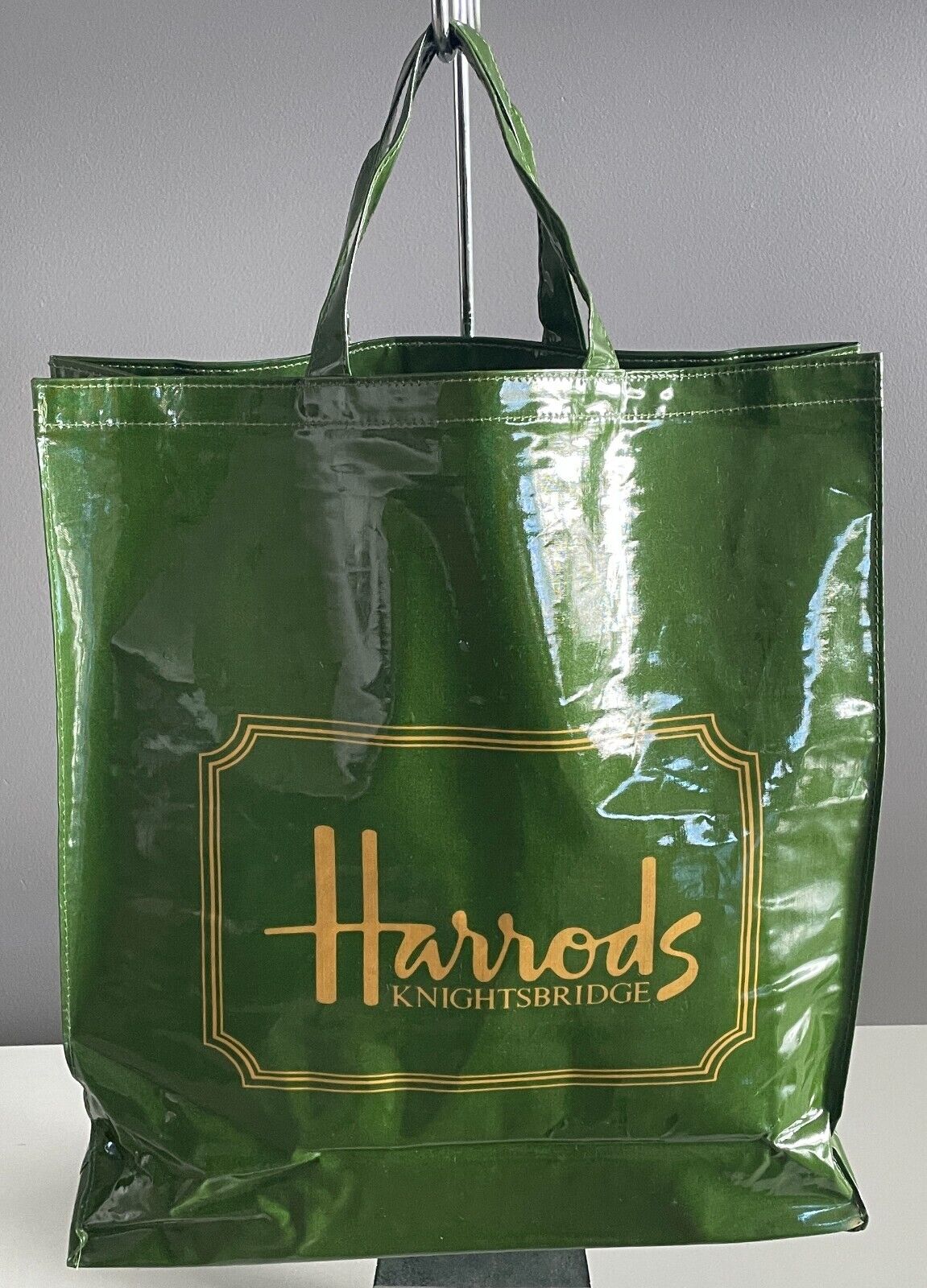 Vtg HARRODS Shopper Bag Tote 1980’s Knightsbridge Khaki PVC on Cotton 38x 42.5cm