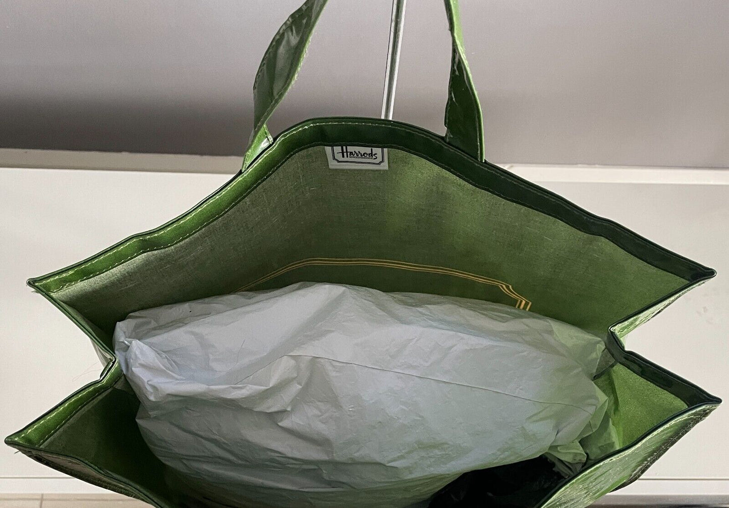 Vtg HARRODS Shopper Bag Tote 1980’s Knightsbridge Khaki PVC on Cotton 38x 42.5cm