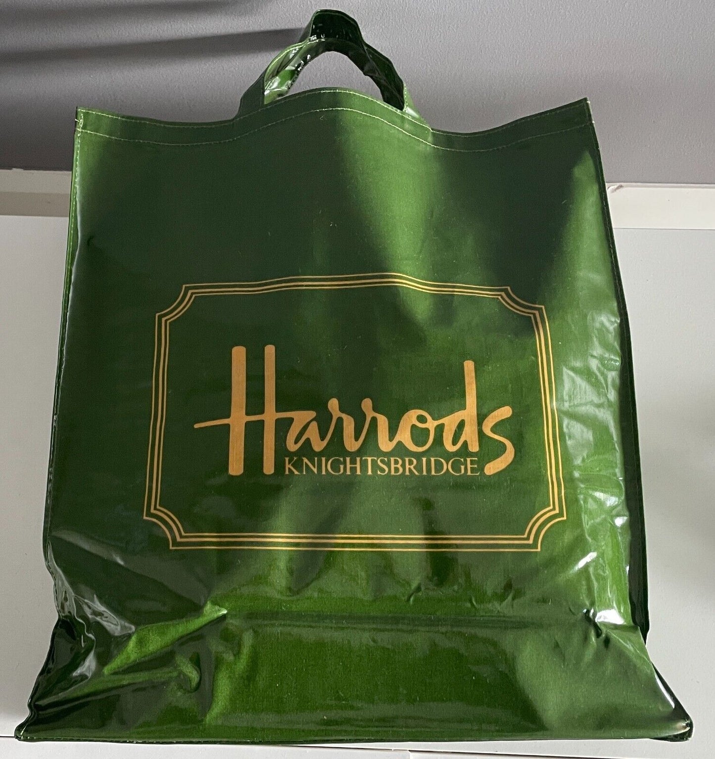 Vtg HARRODS Shopper Bag Tote 1980’s Knightsbridge Khaki PVC on Cotton 38x 42.5cm