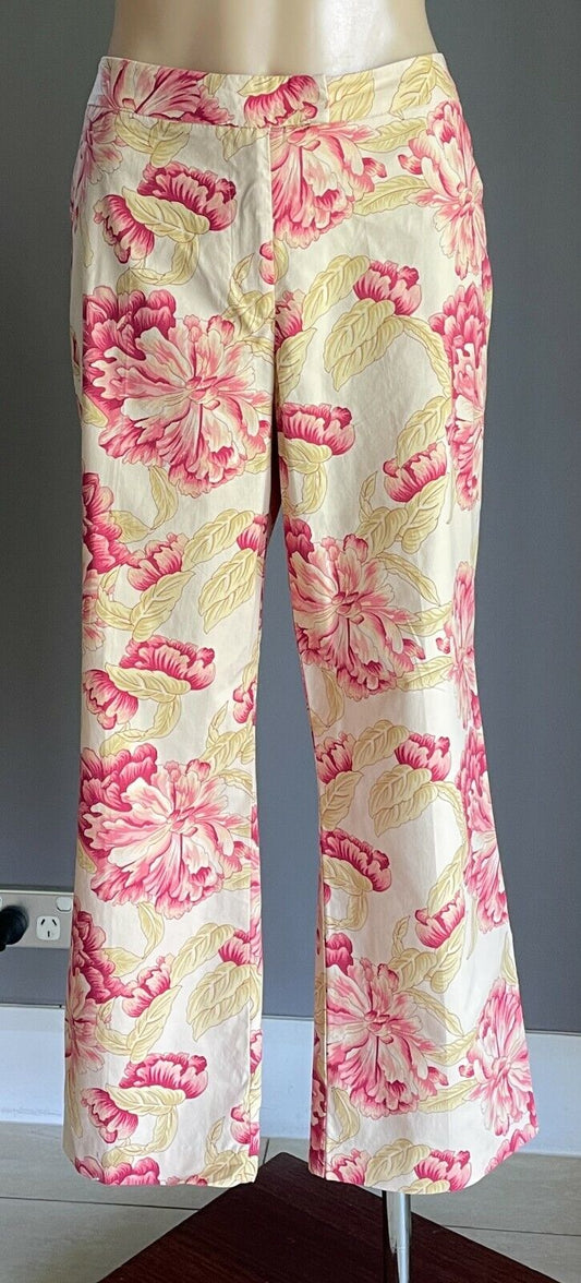 INNOVARE Crop Stretch Pants Beige Pink Yellow Floral Print Straight Leg Size 16