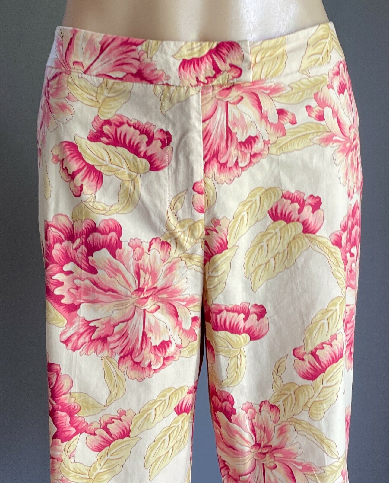 INNOVARE Crop Stretch Pants Beige Pink Yellow Floral Print Straight Leg Size 16