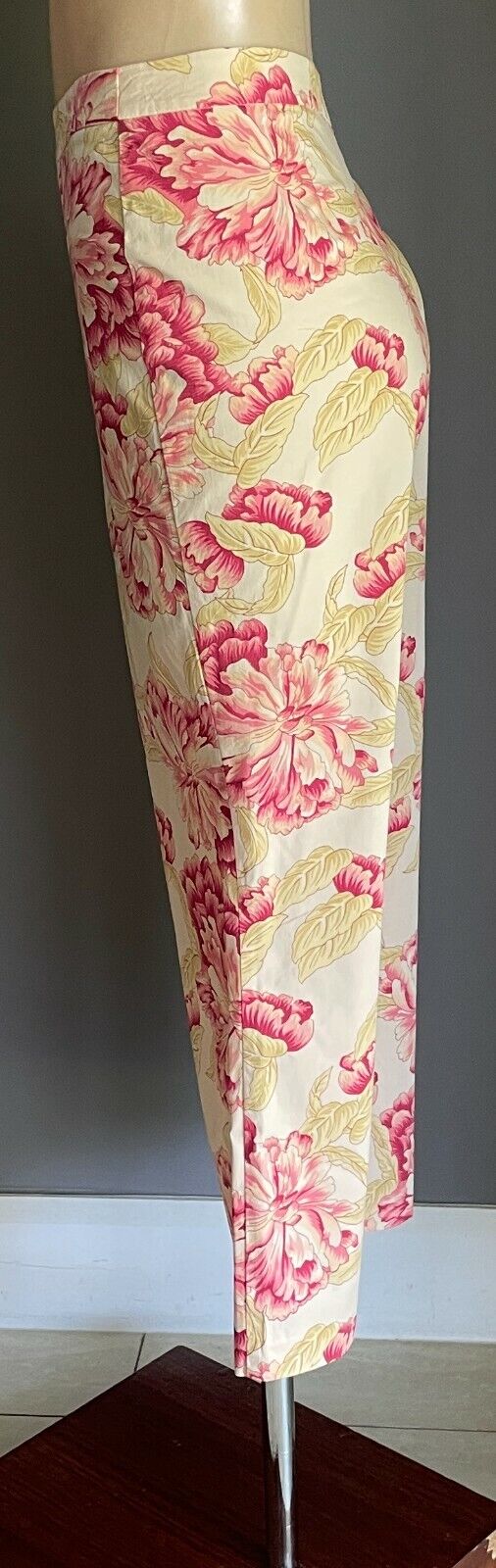 INNOVARE Crop Stretch Pants Beige Pink Yellow Floral Print Straight Leg Size 16