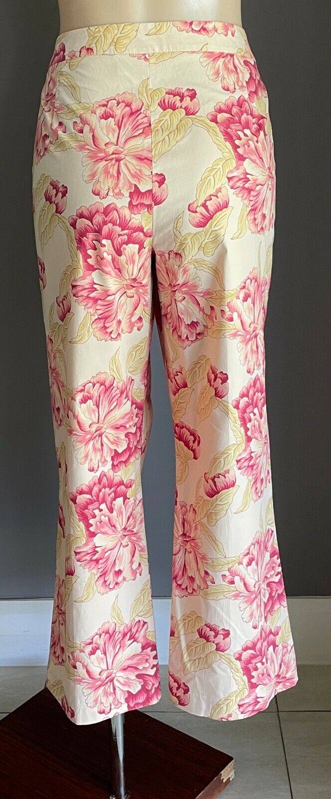 INNOVARE Crop Stretch Pants Beige Pink Yellow Floral Print Straight Leg Size 16