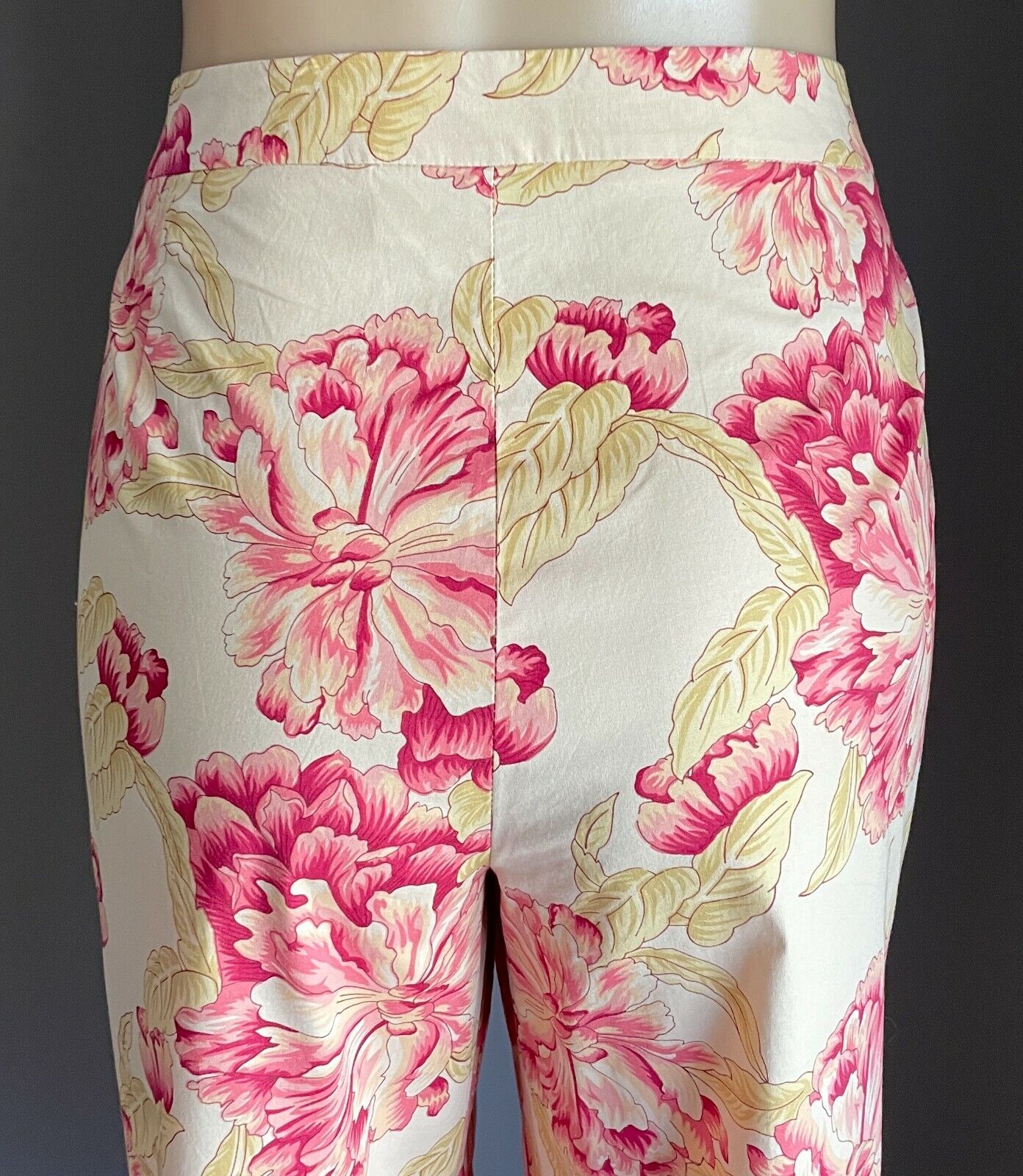 INNOVARE Crop Stretch Pants Beige Pink Yellow Floral Print Straight Leg Size 16
