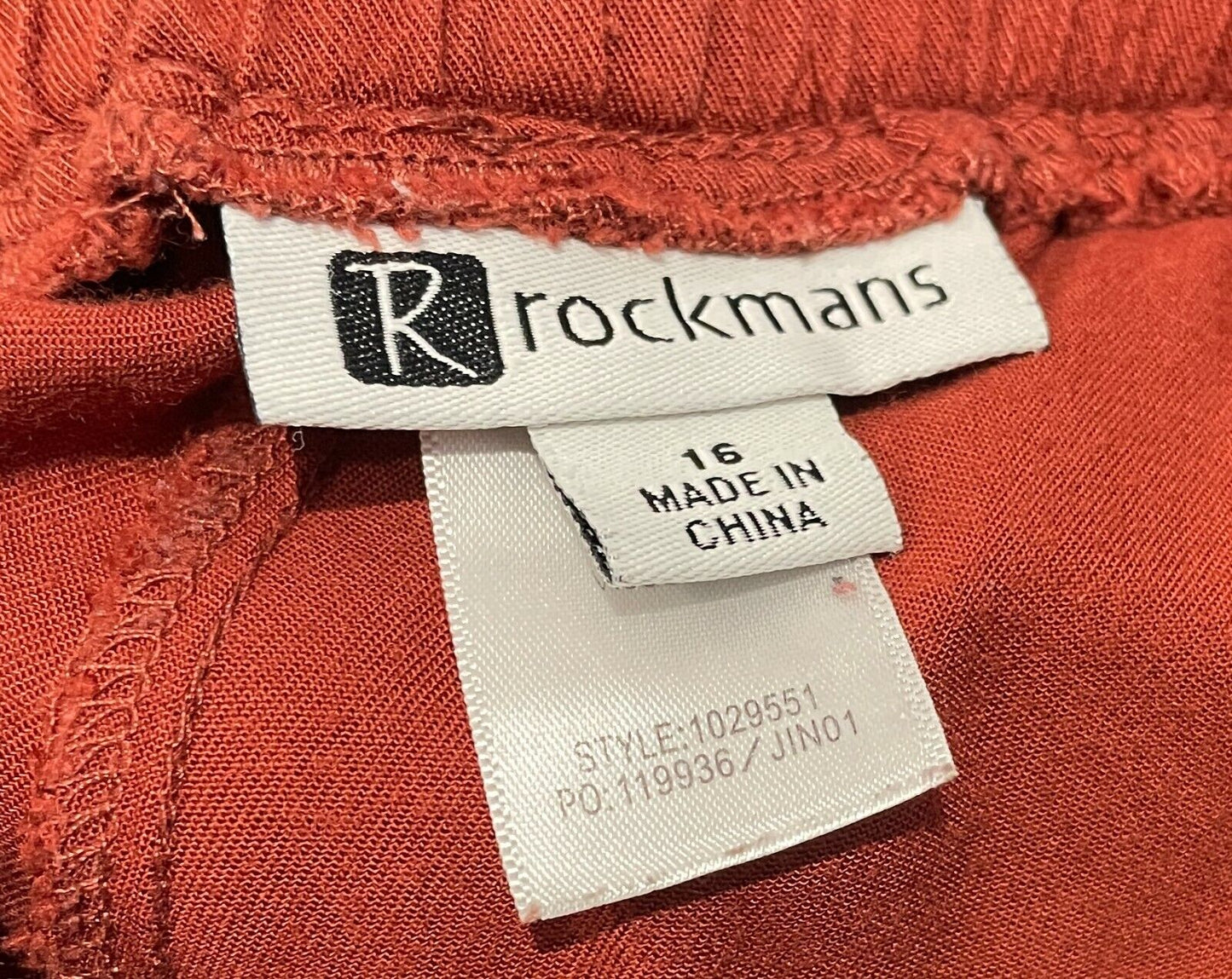 ROCKMANS Relaxed Fit Pants Rust Red Elastic Waist Cropped w Ties at Hem Size 16