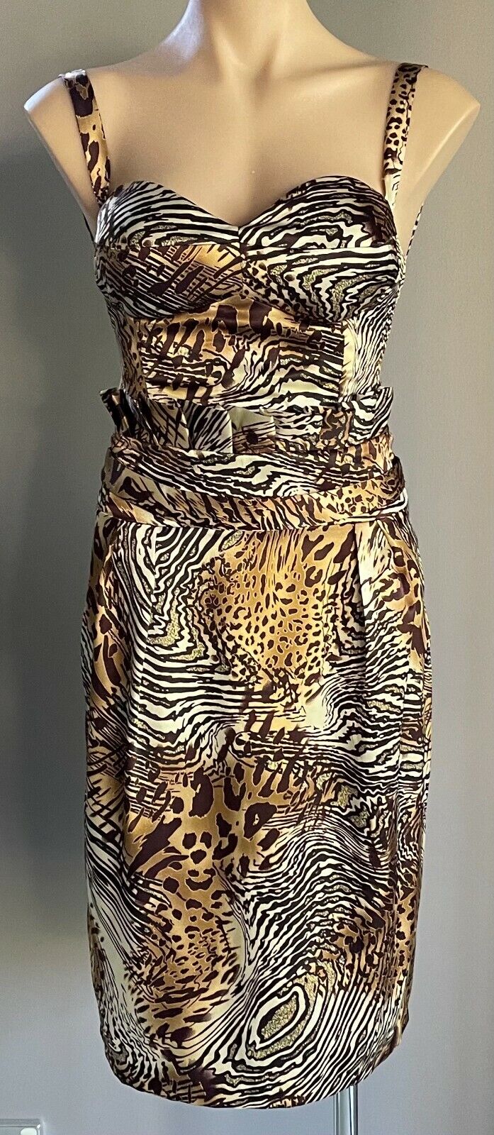 SMITH & MILES Dress Brown Beige Gold Animal Print Sleeveless Sheath Sz 8 10 NEW