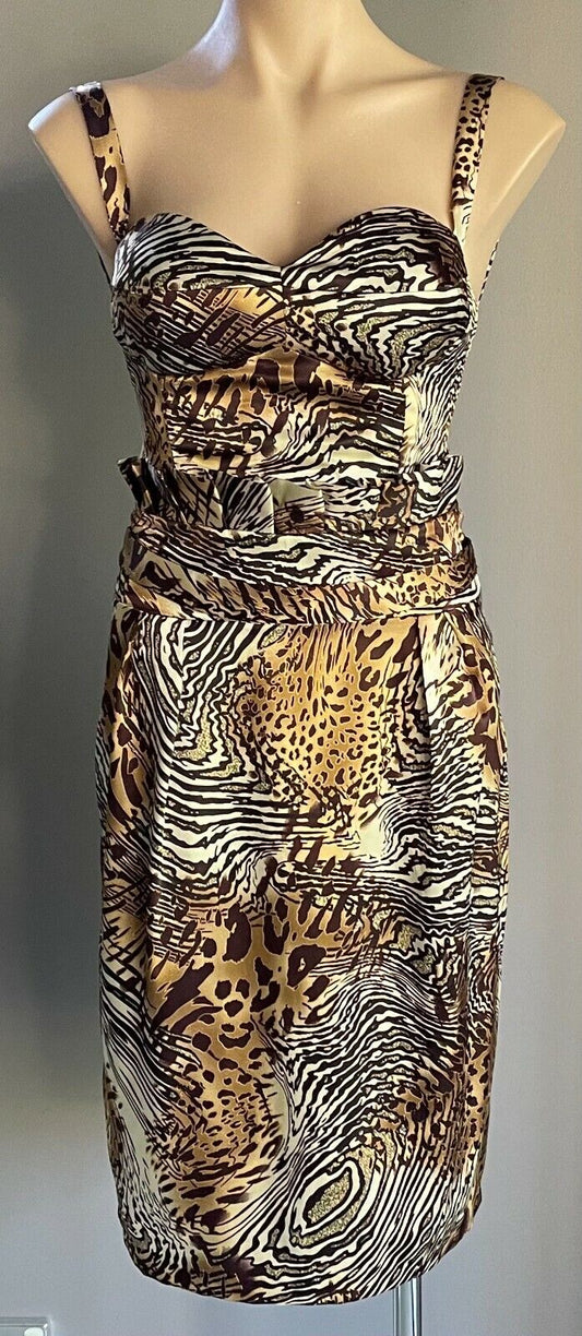 SMITH & MILES Dress Brown Beige Gold Animal Print Sleeveless Sheath Sz 8 10 NEW
