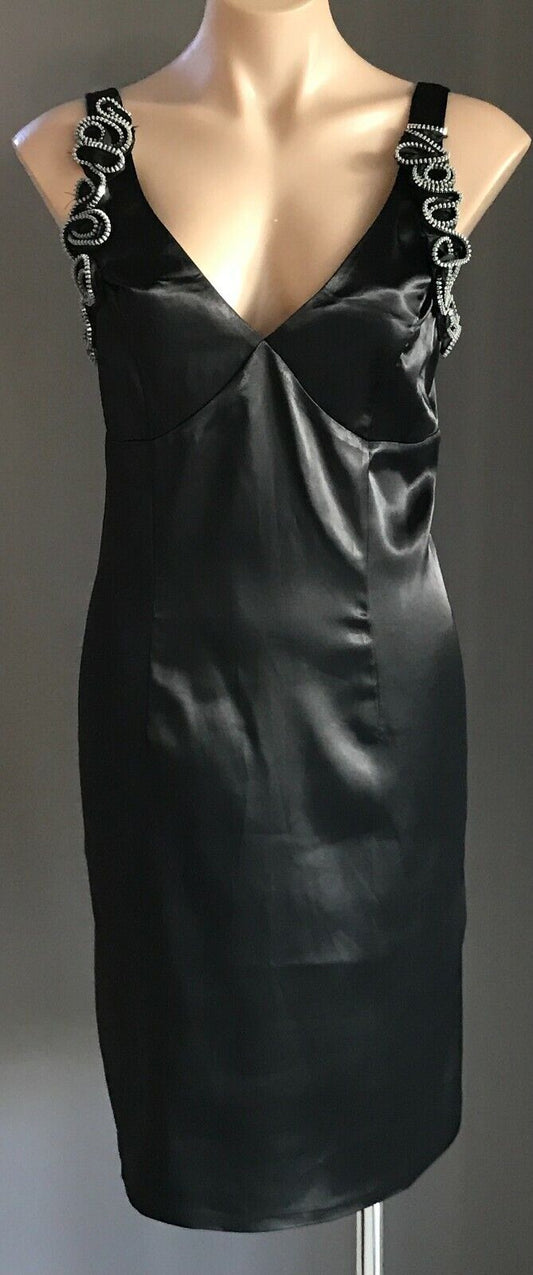 ROSE BURG Dress Black Satin Sleeveless Sheath Frock w Zip Trim Ladies Size 10