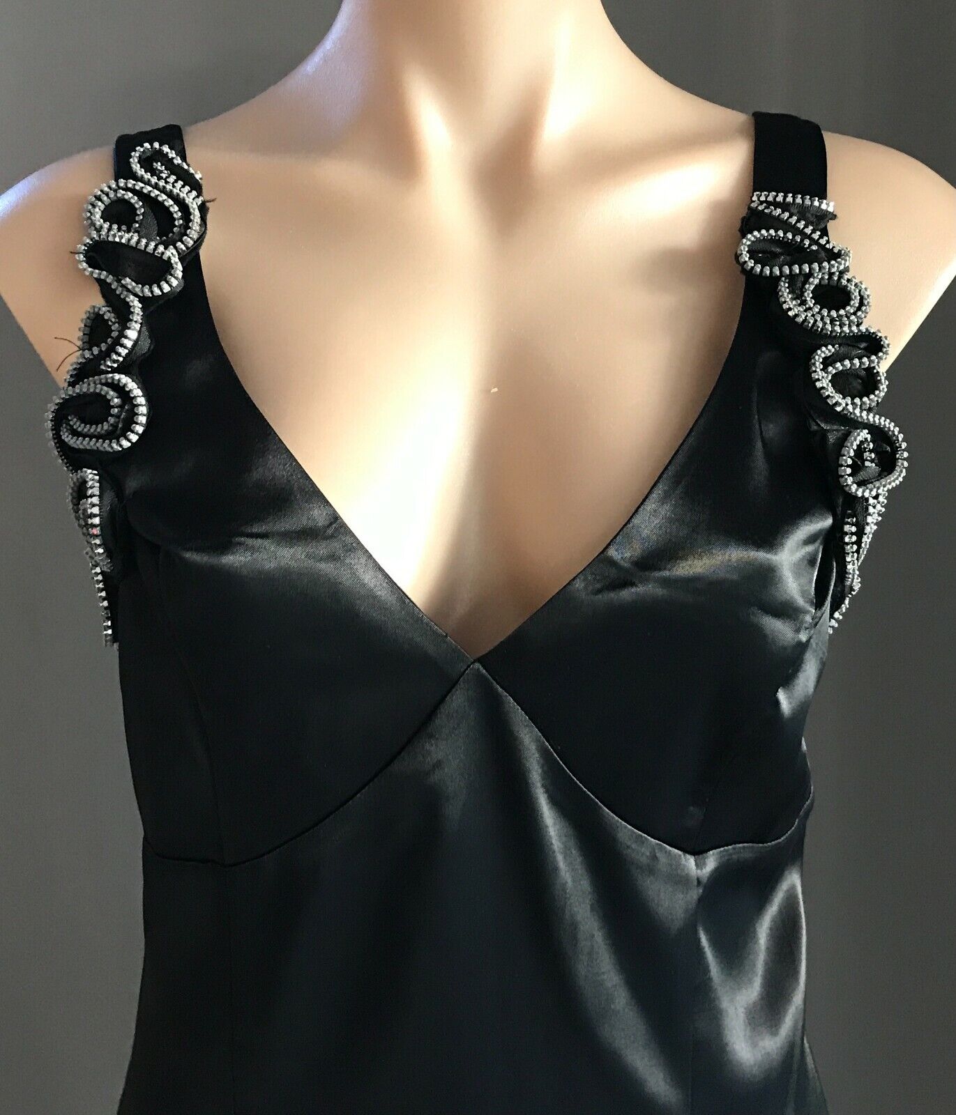 ROSE BURG Dress Black Satin Sleeveless Sheath Frock w Zip Trim Ladies Size 10