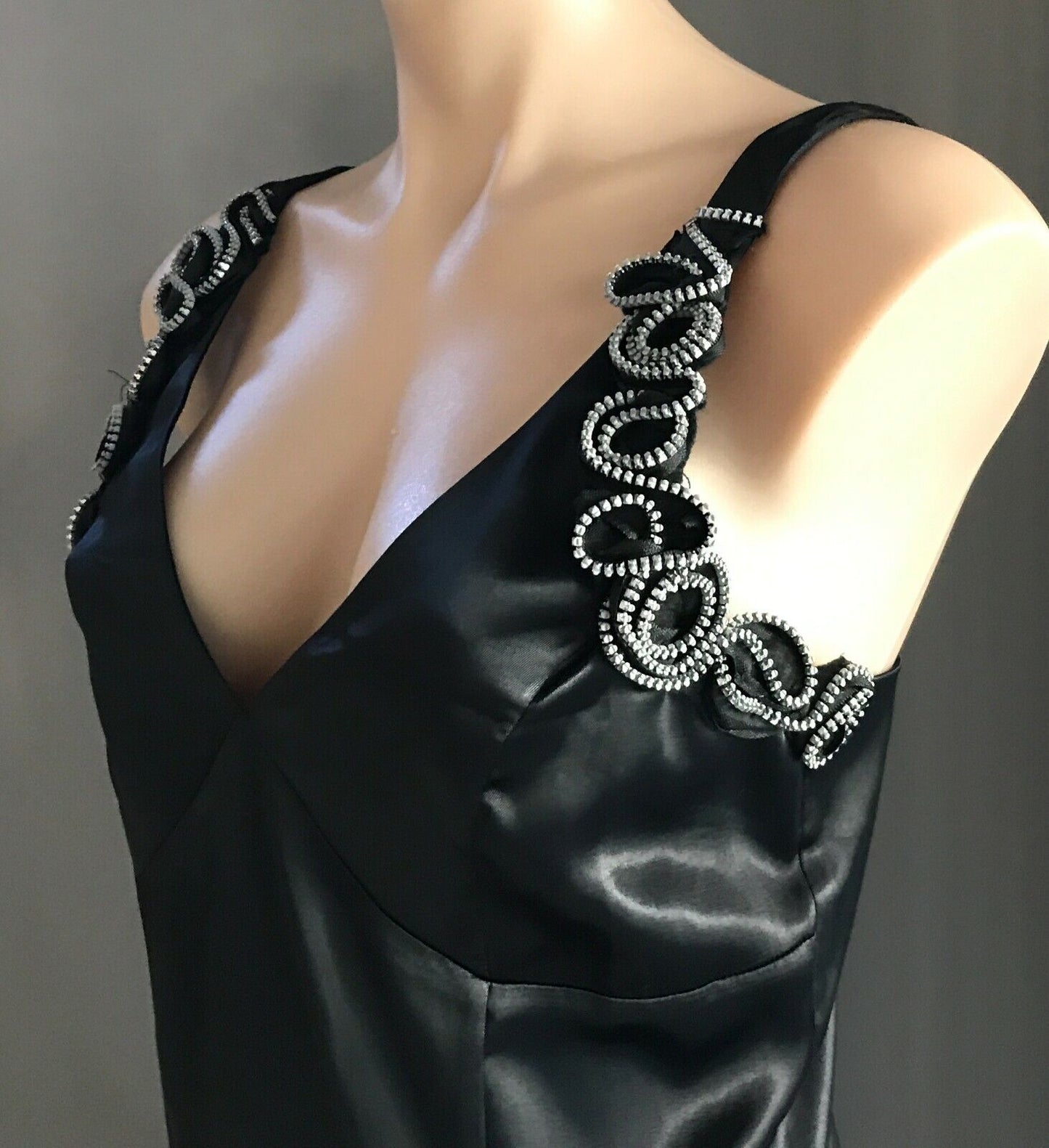 ROSE BURG Dress Black Satin Sleeveless Sheath Frock w Zip Trim Ladies Size 10