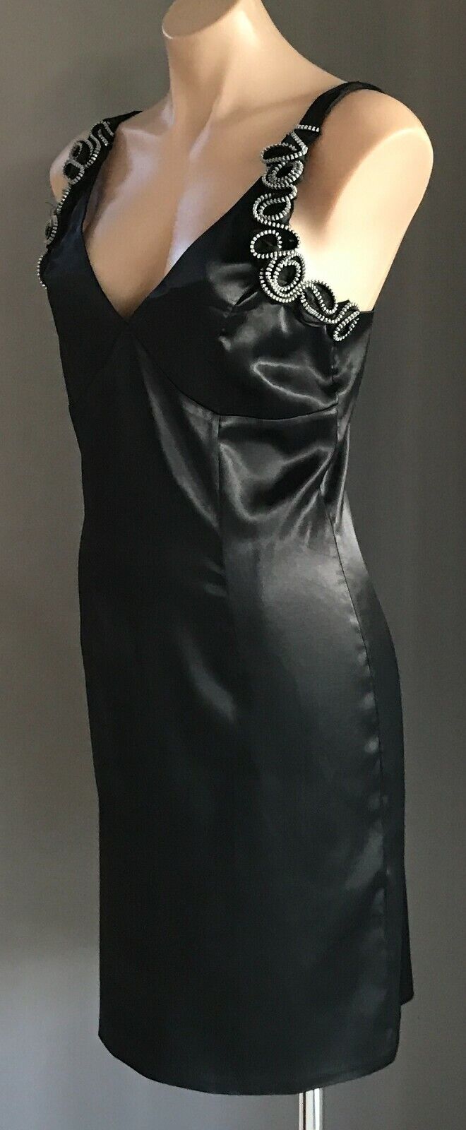 ROSE BURG Dress Black Satin Sleeveless Sheath Frock w Zip Trim Ladies Size 10