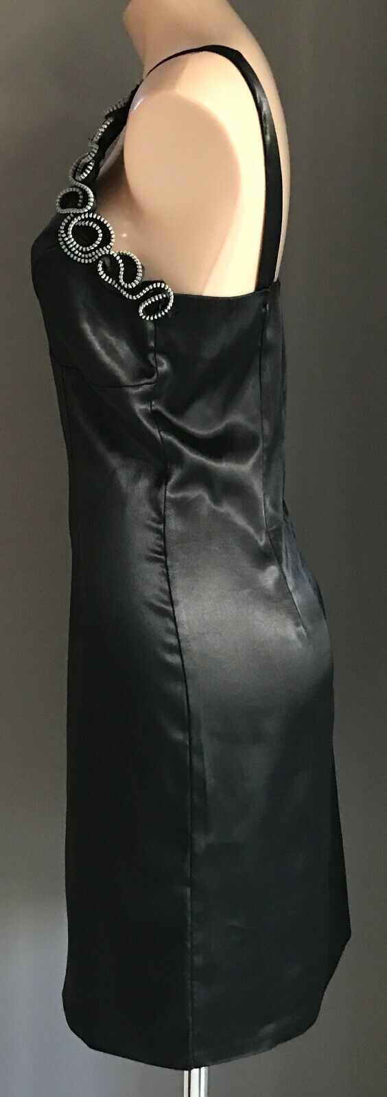 ROSE BURG Dress Black Satin Sleeveless Sheath Frock w Zip Trim Ladies Size 10