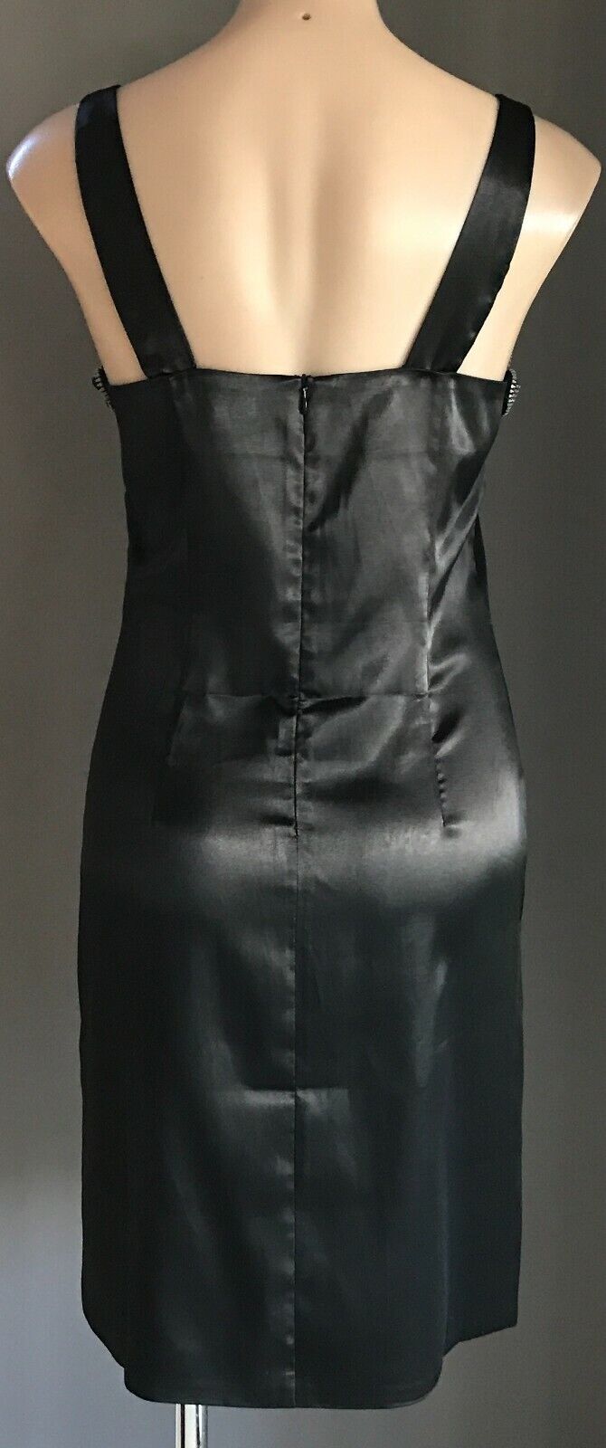 ROSE BURG Dress Black Satin Sleeveless Sheath Frock w Zip Trim Ladies Size 10