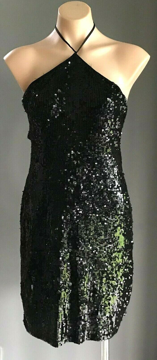 GARFUNKLE Australia Mini Dress Black Sequin Halter Neck Stretch Size 10 Sexy Vtg