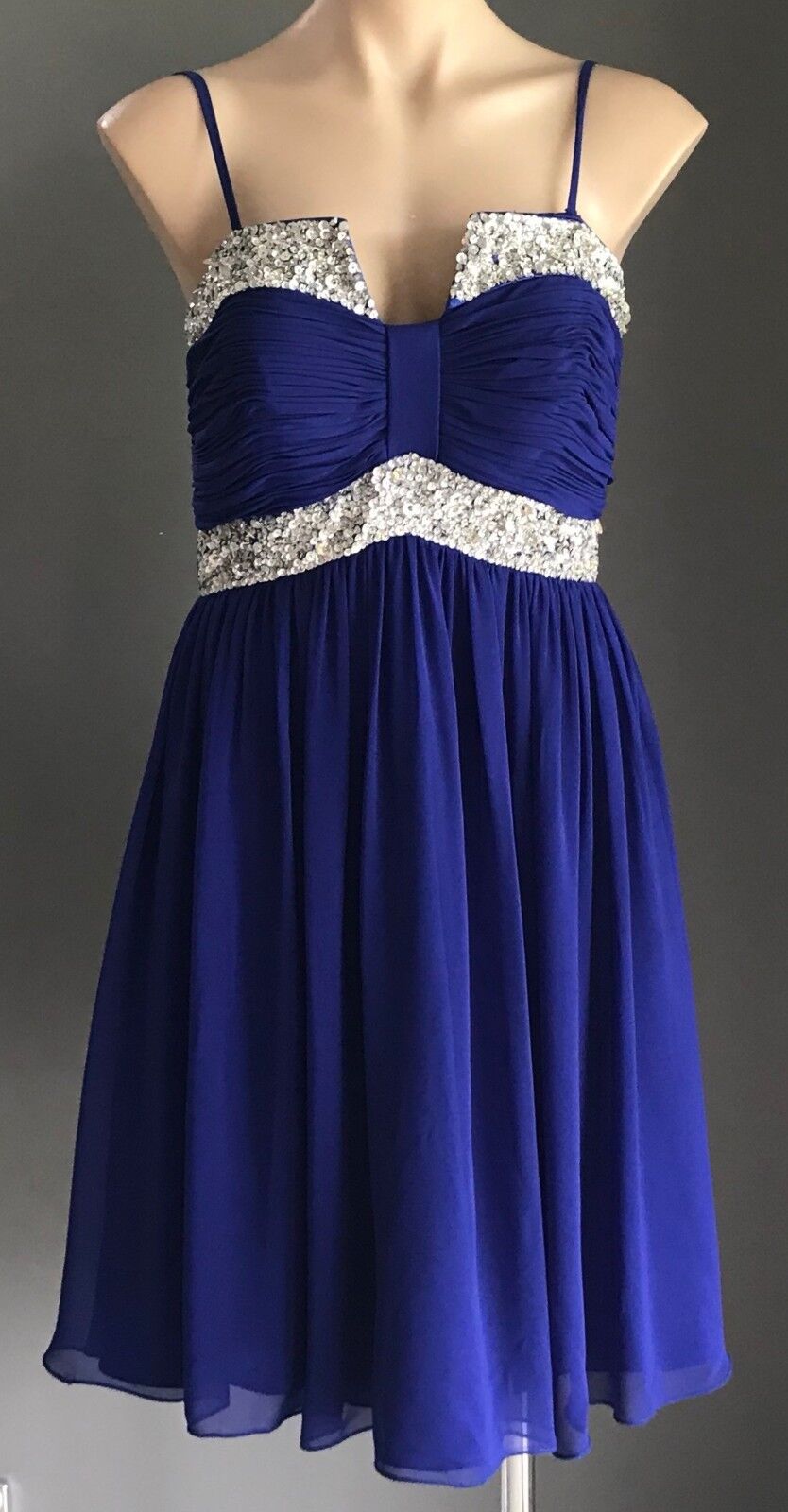 SALLY LEE Dress Cobalt Blue & Silver Sequin Trim Sleeveless Empire Waist Size 10