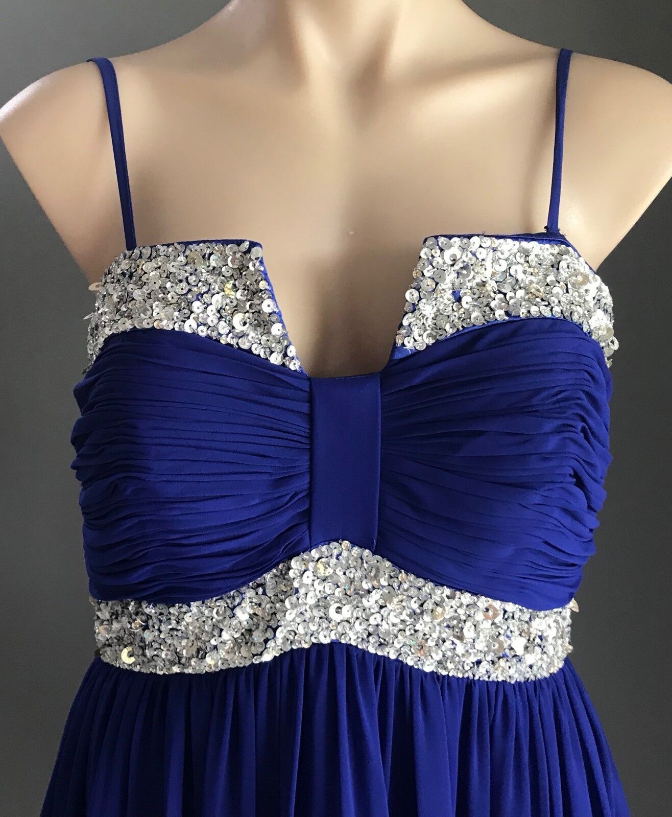 SALLY LEE Dress Cobalt Blue & Silver Sequin Trim Sleeveless Empire Waist Size 10