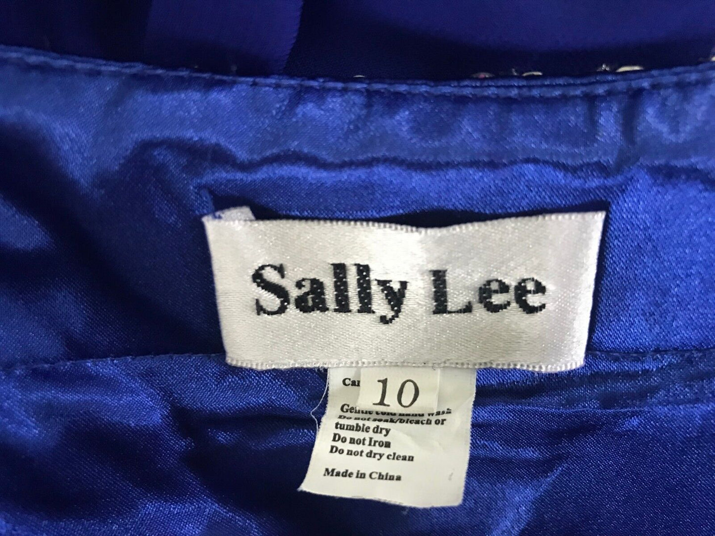 SALLY LEE Dress Cobalt Blue & Silver Sequin Trim Sleeveless Empire Waist Size 10