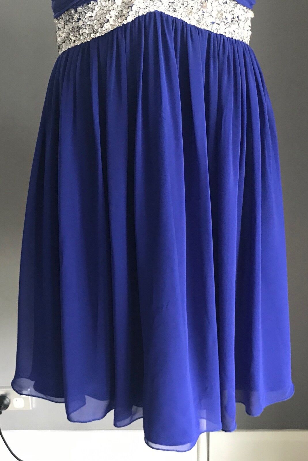 SALLY LEE Dress Cobalt Blue & Silver Sequin Trim Sleeveless Empire Waist Size 10