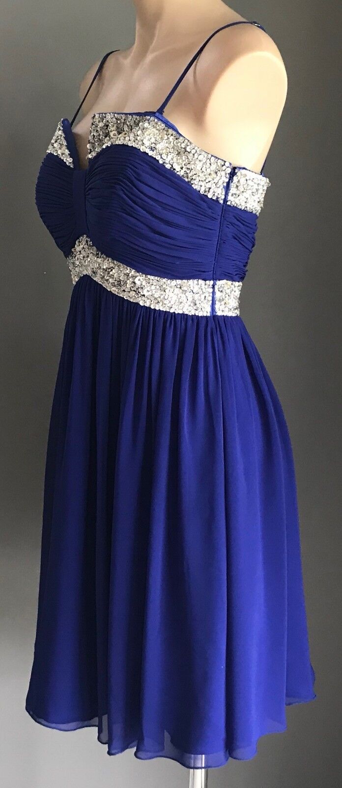SALLY LEE Dress Cobalt Blue & Silver Sequin Trim Sleeveless Empire Waist Size 10
