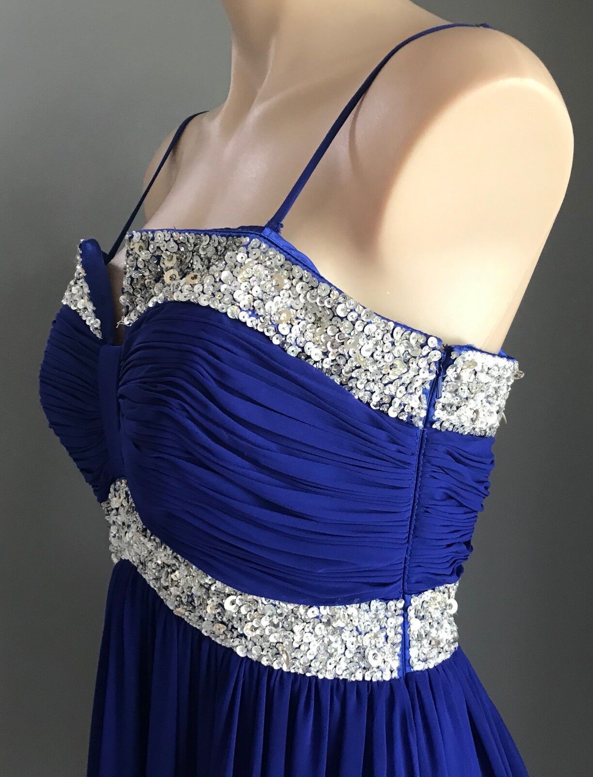 SALLY LEE Dress Cobalt Blue & Silver Sequin Trim Sleeveless Empire Waist Size 10