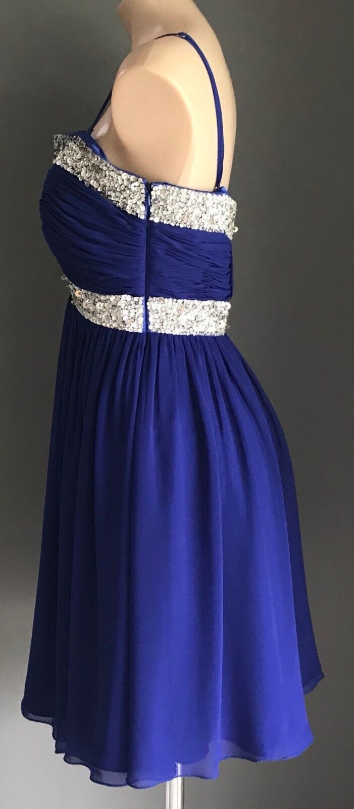 SALLY LEE Dress Cobalt Blue & Silver Sequin Trim Sleeveless Empire Waist Size 10