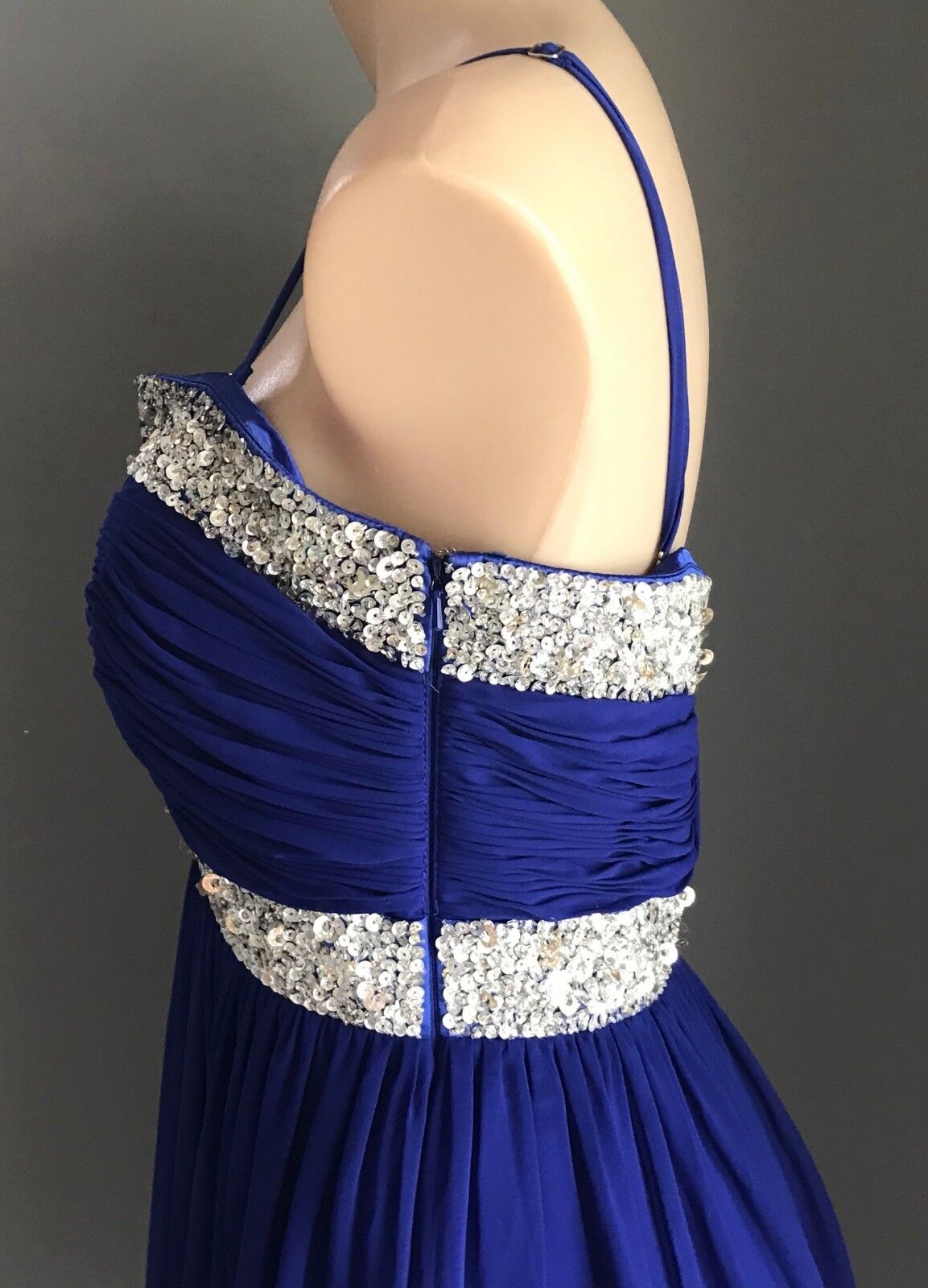 SALLY LEE Dress Cobalt Blue & Silver Sequin Trim Sleeveless Empire Waist Size 10