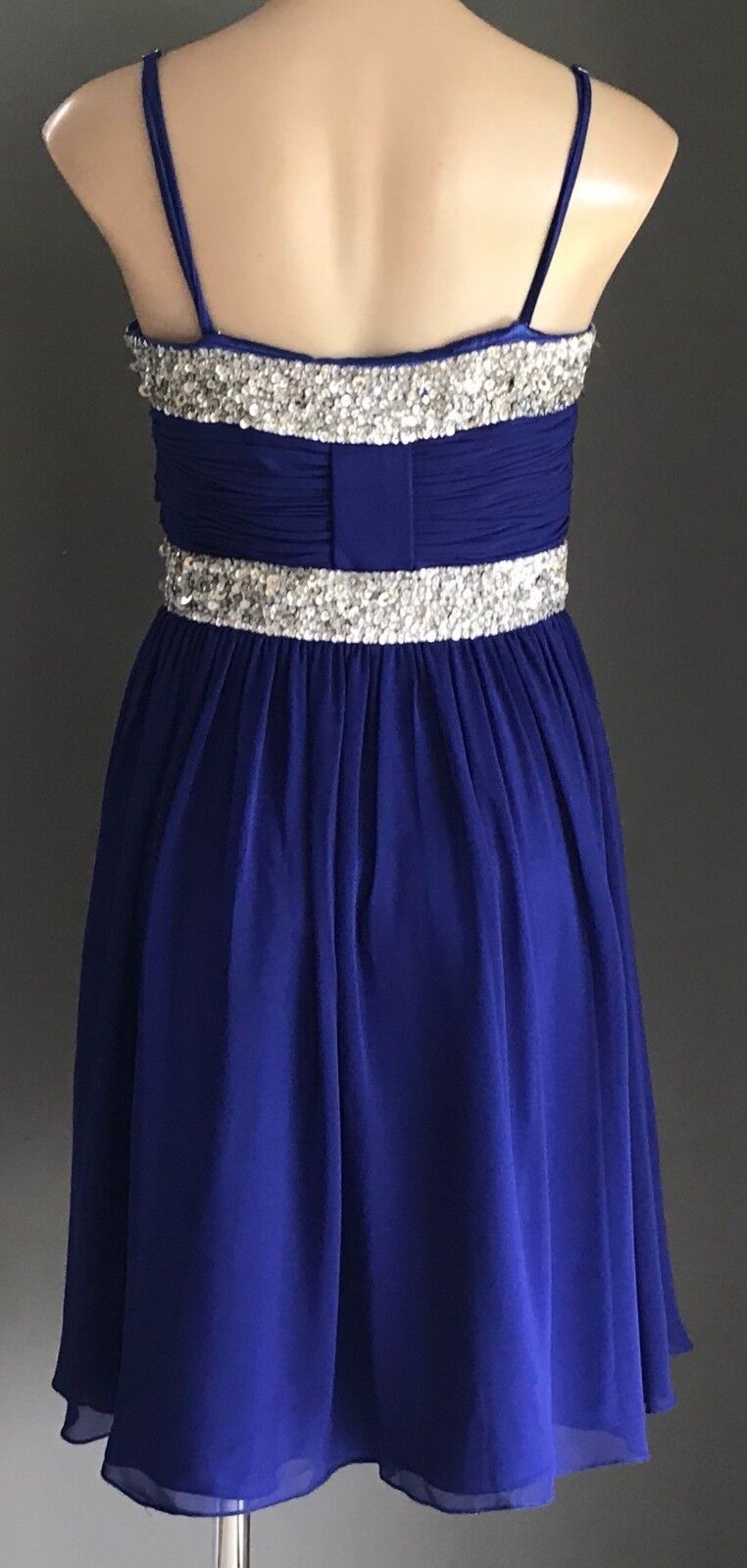 SALLY LEE Dress Cobalt Blue & Silver Sequin Trim Sleeveless Empire Waist Size 10