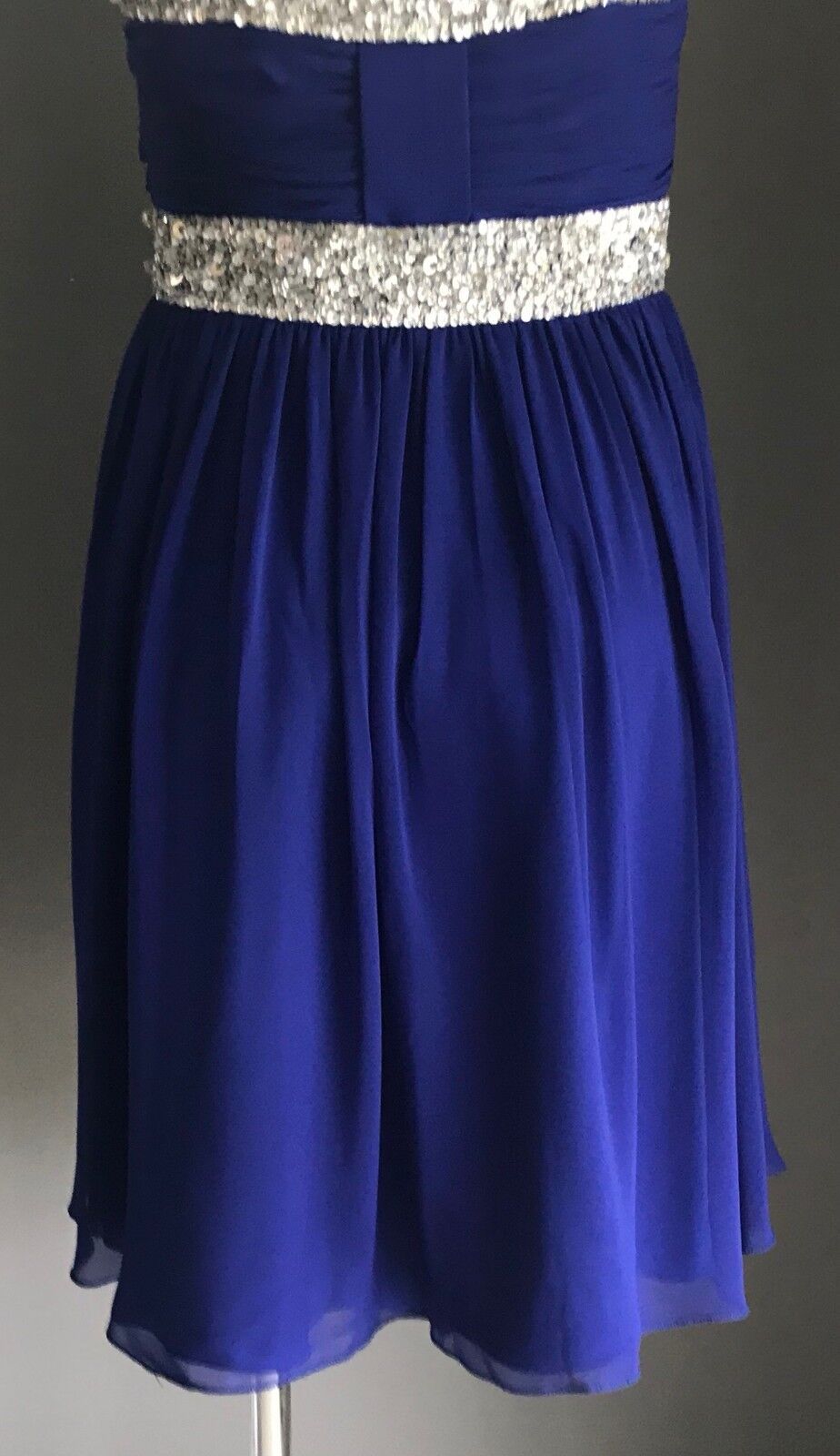 SALLY LEE Dress Cobalt Blue & Silver Sequin Trim Sleeveless Empire Waist Size 10