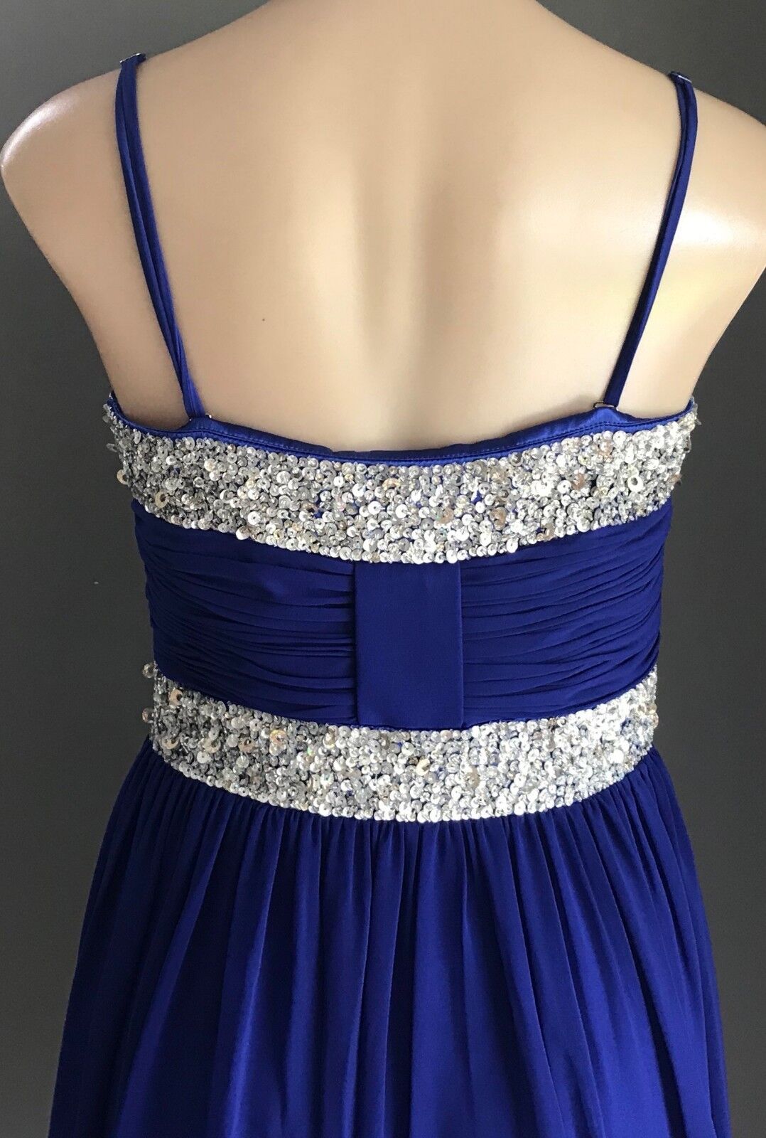 SALLY LEE Dress Cobalt Blue & Silver Sequin Trim Sleeveless Empire Waist Size 10