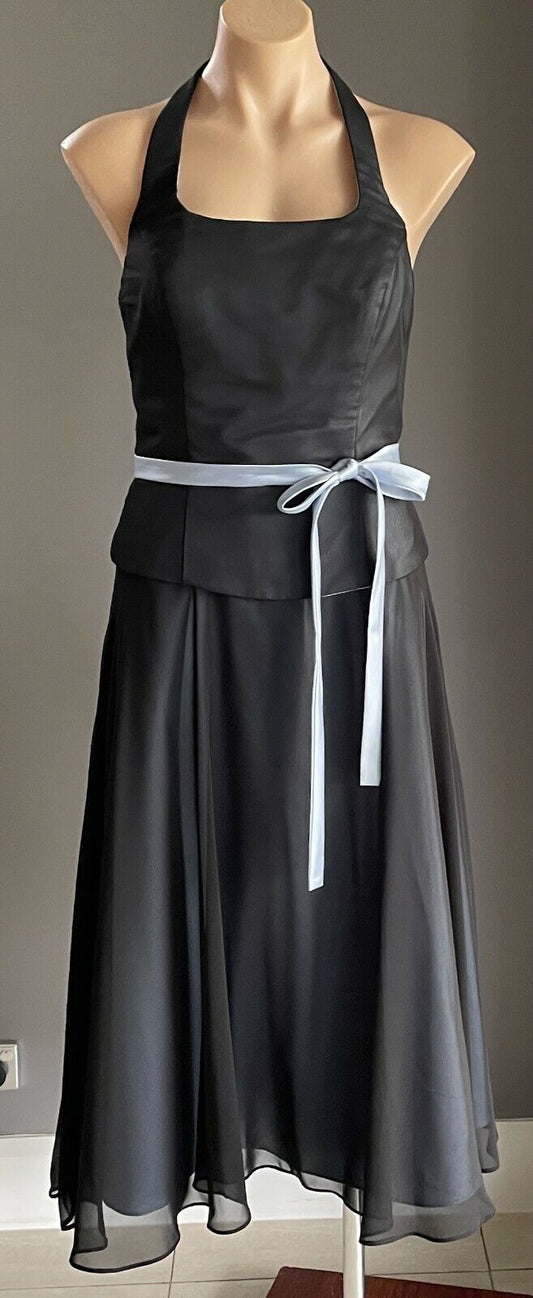 ALFRED ANGELO Midi Dress Blue w Black Overlay Waist Tie Halter Size 10 Vintage